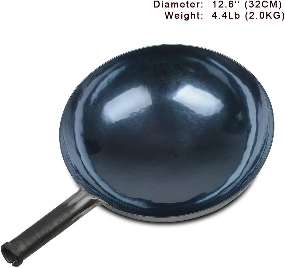 臻三环 ZhenSanHuan Chinese Hand Hammered Iron Woks and Stir Fry Pans, Non-stick, No Coating, Carbon Steel Pow (32CM, Blue Black - Seasoned)