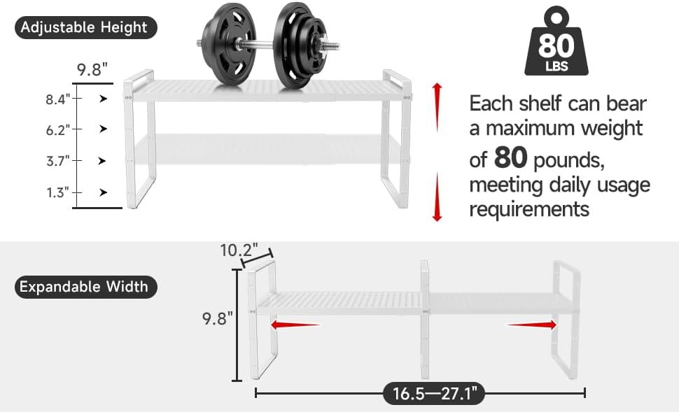 Hole Pattern Expandable Shelf Organizer,1Pack 10.2" Wide Easy to Assemble Cabinet Organizer Shelf, 16.5~27.1" Adjustable Height&Stackable Spice Organization for Cupboard, White