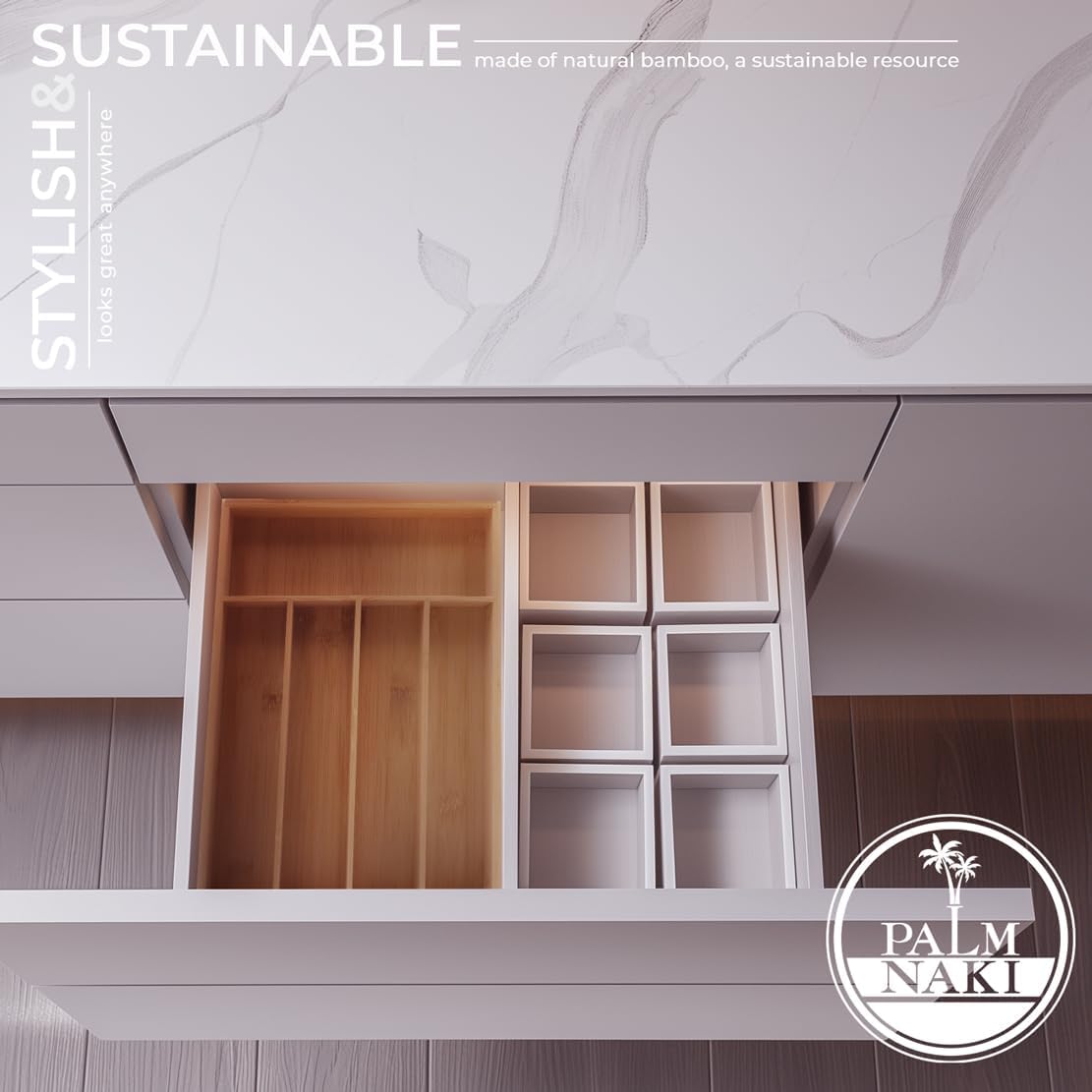 PALM NAKI Silverware Organizer Premium Bamboo Cutlery Organizer Tray - Kitchen Drawer Organizer for Silverware, Utensils - Flatware Organizers - Kitchen Organization (Natural Classic, 5 Slots)