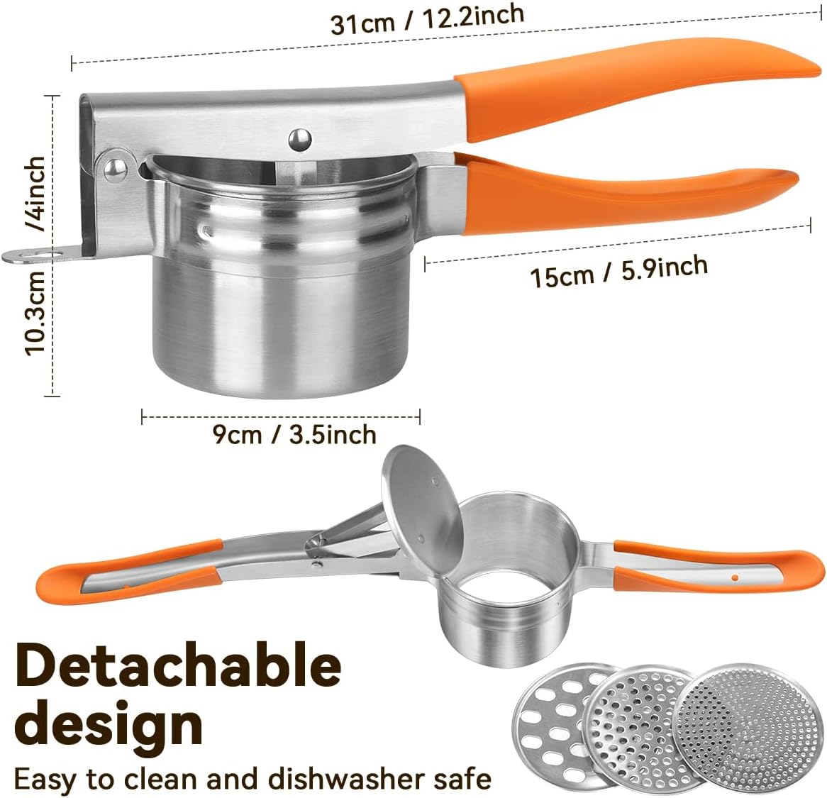 Potato Ricer, AMOHEE 15oz/425g Large Stainless Steel Potato Masher Upgrade Heavy Duty Design with Anti-Slip Handle Ricer for Mashed Potatoes & Food Press for Fruits, Carrots, Yams, Orange