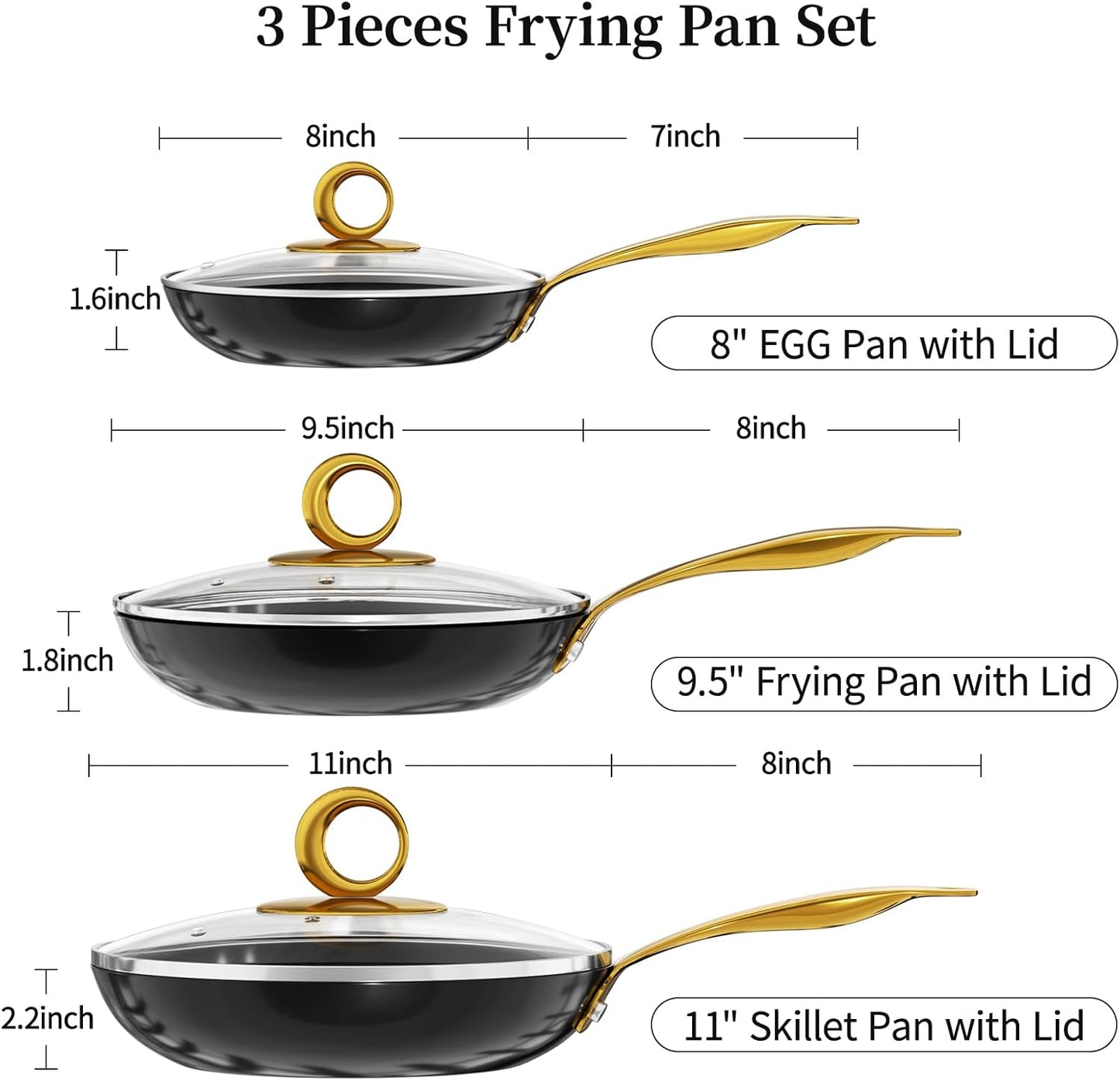 Frying Pan Set with Lids - Cast Iron Skillet Set with Lids, Honeycomb Frying Pan Nonstick, Lightweight Non Stick Cookware Set, Induction Skillet Set Egg Omelet Frying Pan W/Stay Cool Handle, PFOA Free
