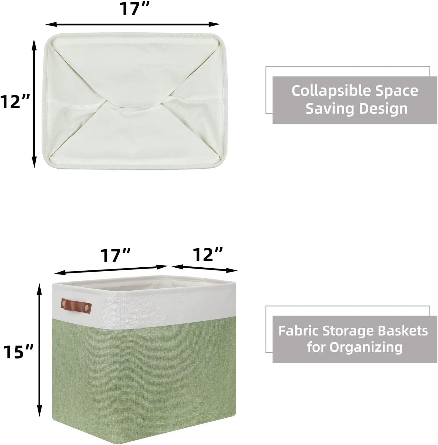 HNZIGE Shelf Storage Baskets for Clothes, Large Storage Bins Fabric Baskets for Organizing, Foldable Rectangular Decorative Storage Bins for Home Closet(White Green), 17" x 12" x 15"