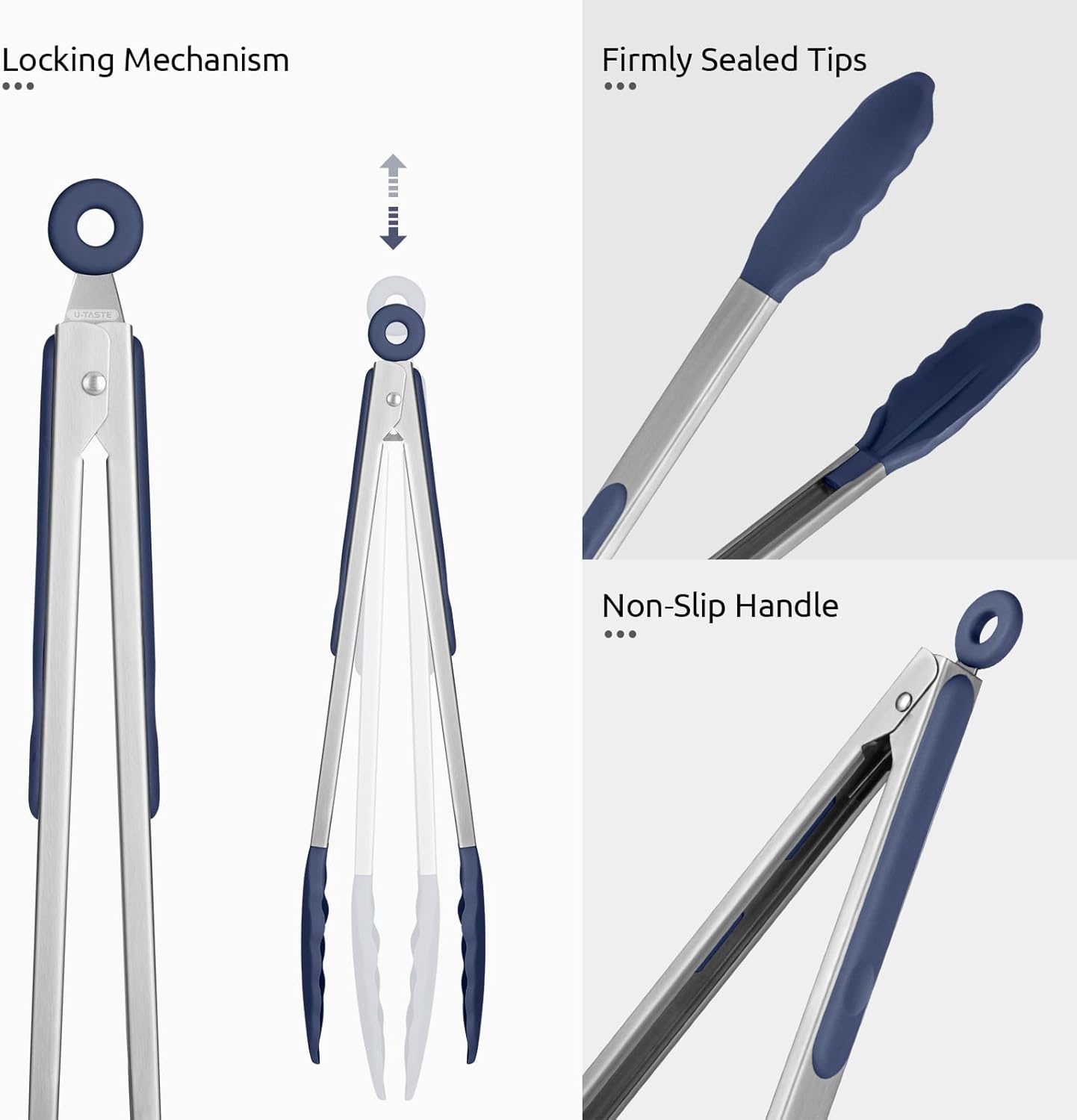 600ºF Heat Resistant Kitchen Tongs: U-Taste 9+12 inch Silicone Cooking Tong Set with Firm Sealed Non Stick Rubber Tips and Silicon Coated 18/8 Stainless Steel Handle for Serving Grilling-Midnight Blue