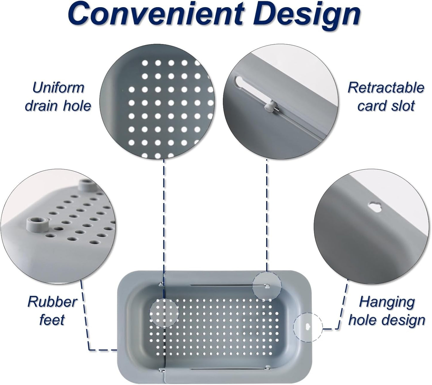 Extendable Sink Colander Strainer Basket - Wash Vegetables and Fruits, Drain Cooked Pasta and Dry Dishes - Adjustable Over the Sink Colander Collapsible Drainer Basket -Gray