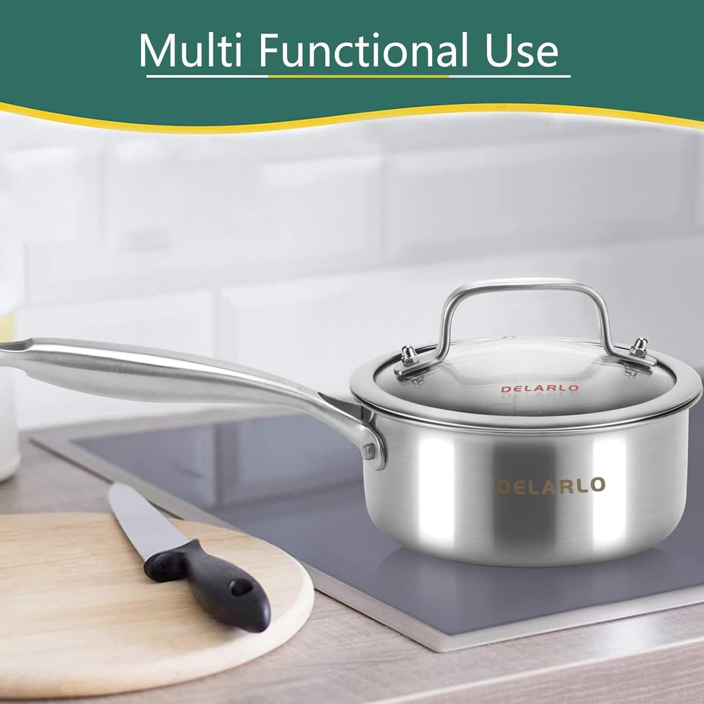 DELARLO Tri-Ply Stainless Steel Induction Saucepan, 1.5 QT with Lid, All Stove Compatible 600, Small Pots for Cooking, Heavy Duty Saucier, Dishwasher Safe