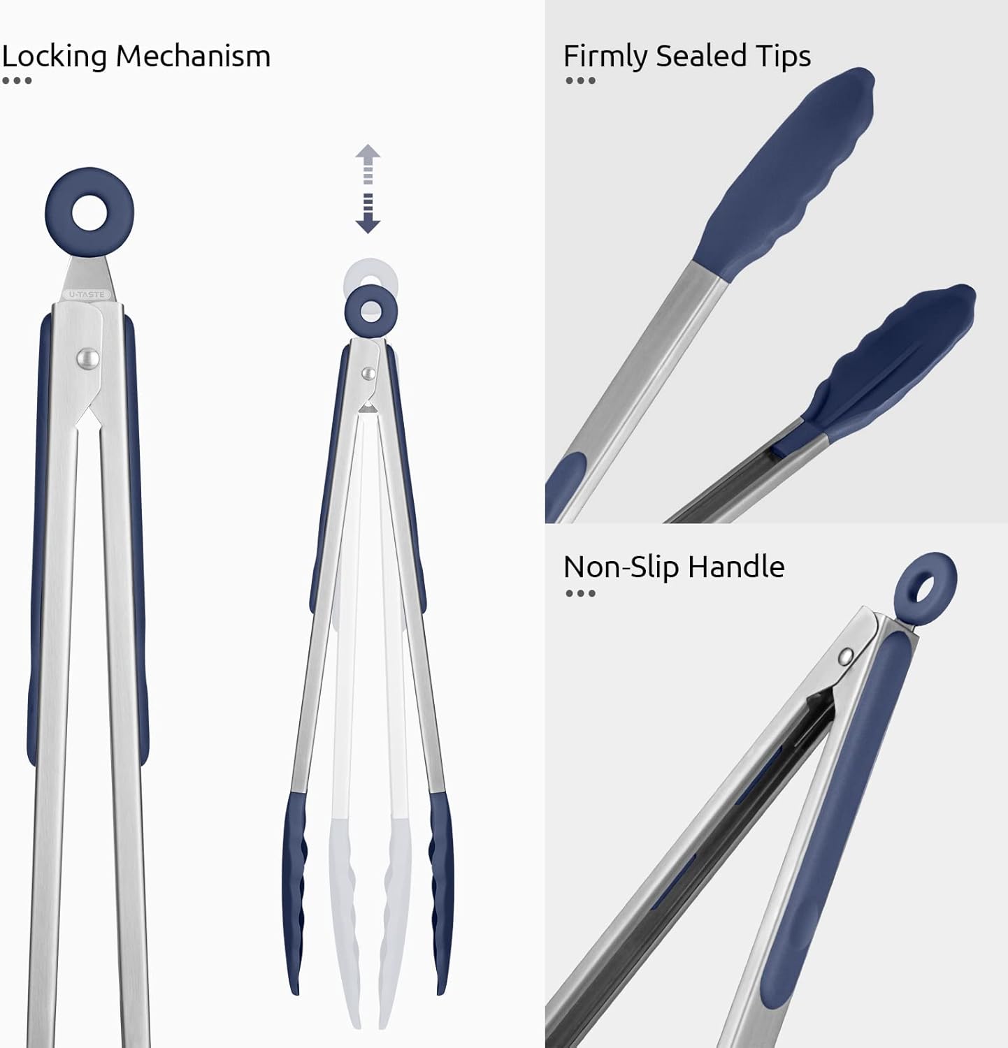 Heat Resistant Silicone Kitchen Tong: U-Taste 12 inch Large 480ºF Hot Proof Cooking Tong with Sturdy Non Stick Rubber Tips & Silicon Coated Steel Handle & Smooth Locking for Serving (Midnight Blue)