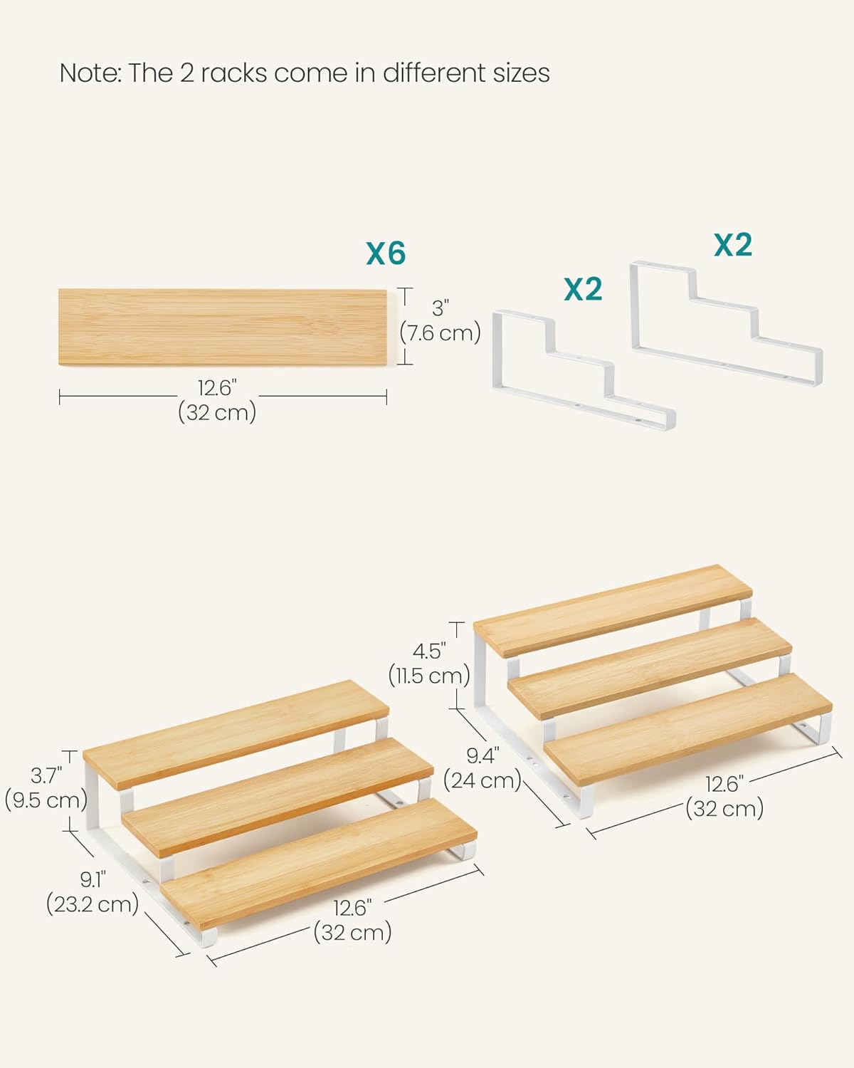 SONGMICS Display Risers, Set of 2 Engineered Wood Perfume Organizer Stand, 3-Tier Cupcake Stand Holder, Spice Rack, Shelf Risers for Figures, Dessert Shelves, Natural Beige and Cloud White UKCS016N02