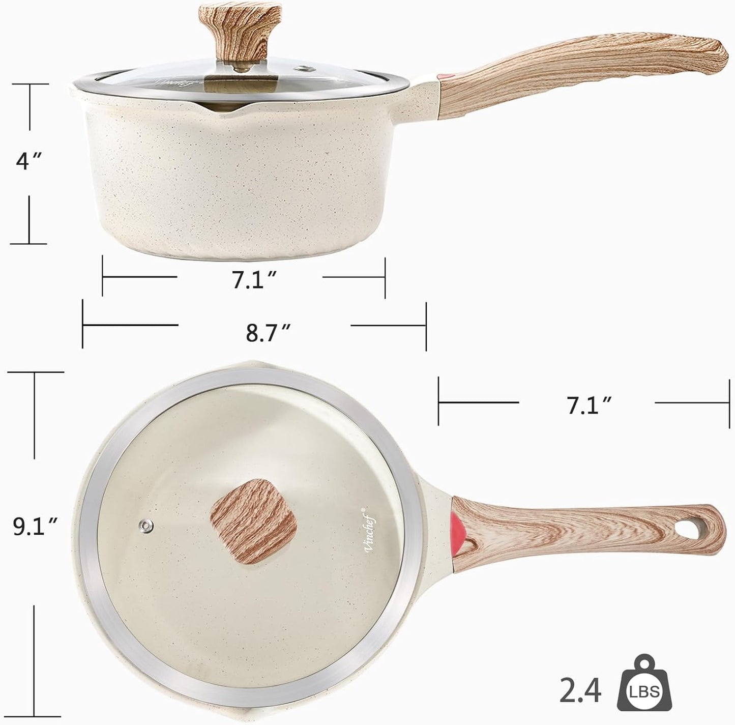 VINCHEF Nonstick Saucepan with Lid, 3QT Sauce Pan with Stay Cool Handle, Non Stick Small Cooking Pots Induction pot, Dishwasher Safe, Compatible for All Stove Top, PFAS and PFOA Free White