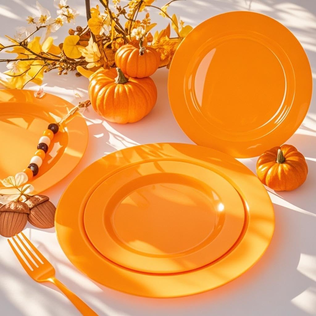 FLOWERCAT 60PCS Orange Plates - Heavy Duty Orange Plastic Plates Disposable for Halloween & Thanksgiving Party - Serve 30 Guests 10.25inch and 7.5inch