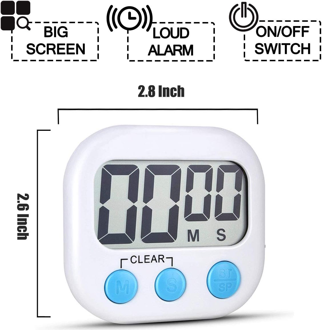 2 Pack Digital Kitchen Timer for Cooking Big Digits Loud Alarm Magnetic Backing Stand Cooking Timers for Baking White