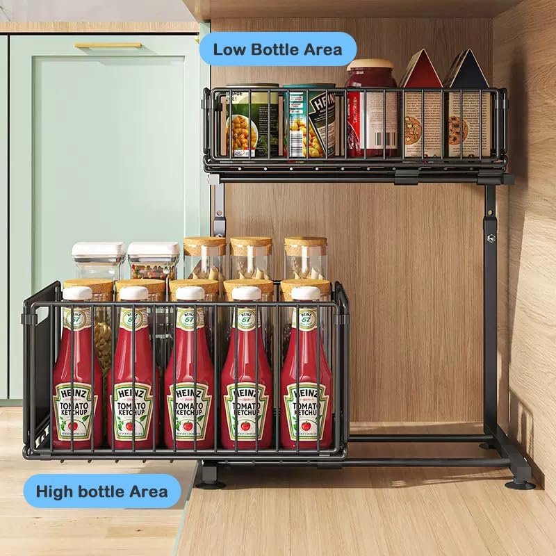 Under Sink Organizer with Adjustable Height, 2 Tier Pull Out Cabinet Design, Sliding Sink Shelf for Enhanced Storage Capacity, Counter Organizer Storage for Kitchen & Bathroom, Black, 2 Pack