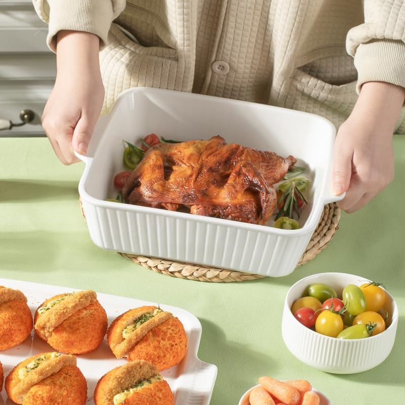 Dizada Casserole Dish for Oven with Lid, 10'' Square Baking Dish, Ceramic Baking Dish, Baking Pan with Handles, Lasagna Pan Bakeware Oven Safe Baking Dish for Oven, Cake, Kitchen, Microwave, Dishwasher Safe, White