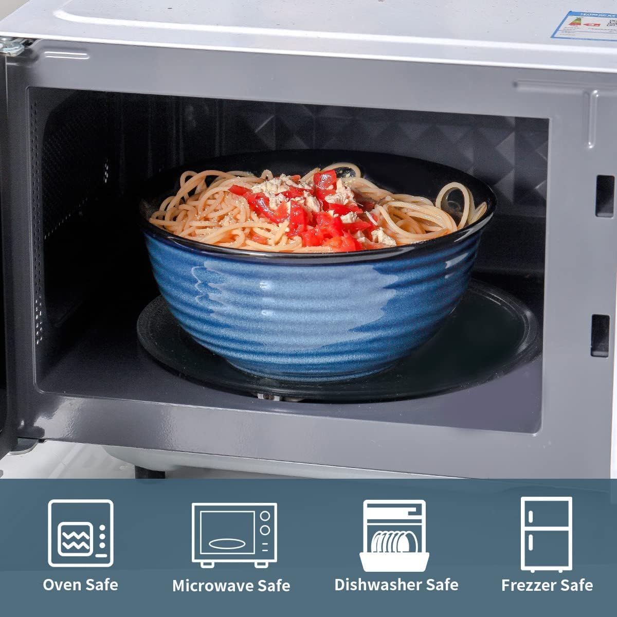 MEKY 65oz Ceramic Mixing Bowls Set of 2, Deep Large Ribbed Serving Bowls for Salad, Pasta, Ramen, Soup, Durable Kitchen Bowl Set, Microwave Oven Dishwasher Safe Porcelain,Blue