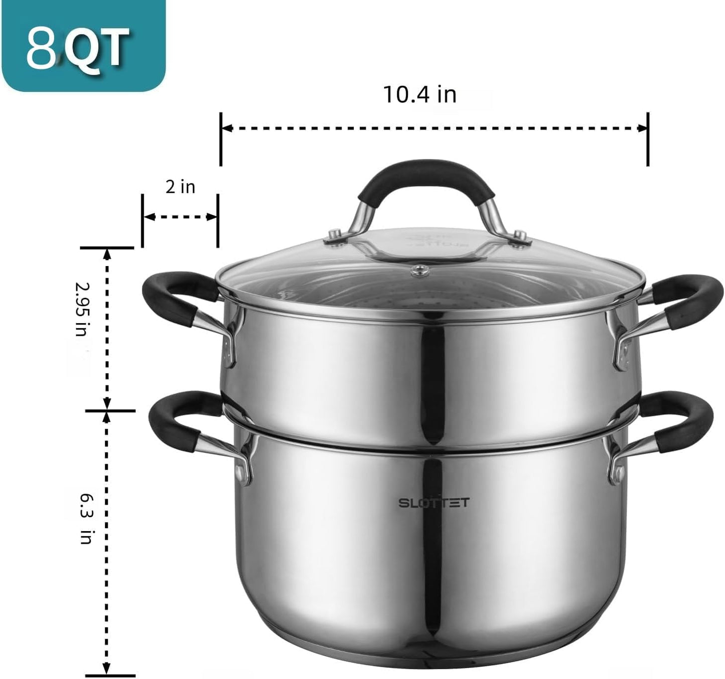 Stainless Steel 8 Quart Stock Pot with Steamer,8 Qt Deep Soup Pot for cooking,Multipurpose Stockpot with silicone Stay-cool Handle.
