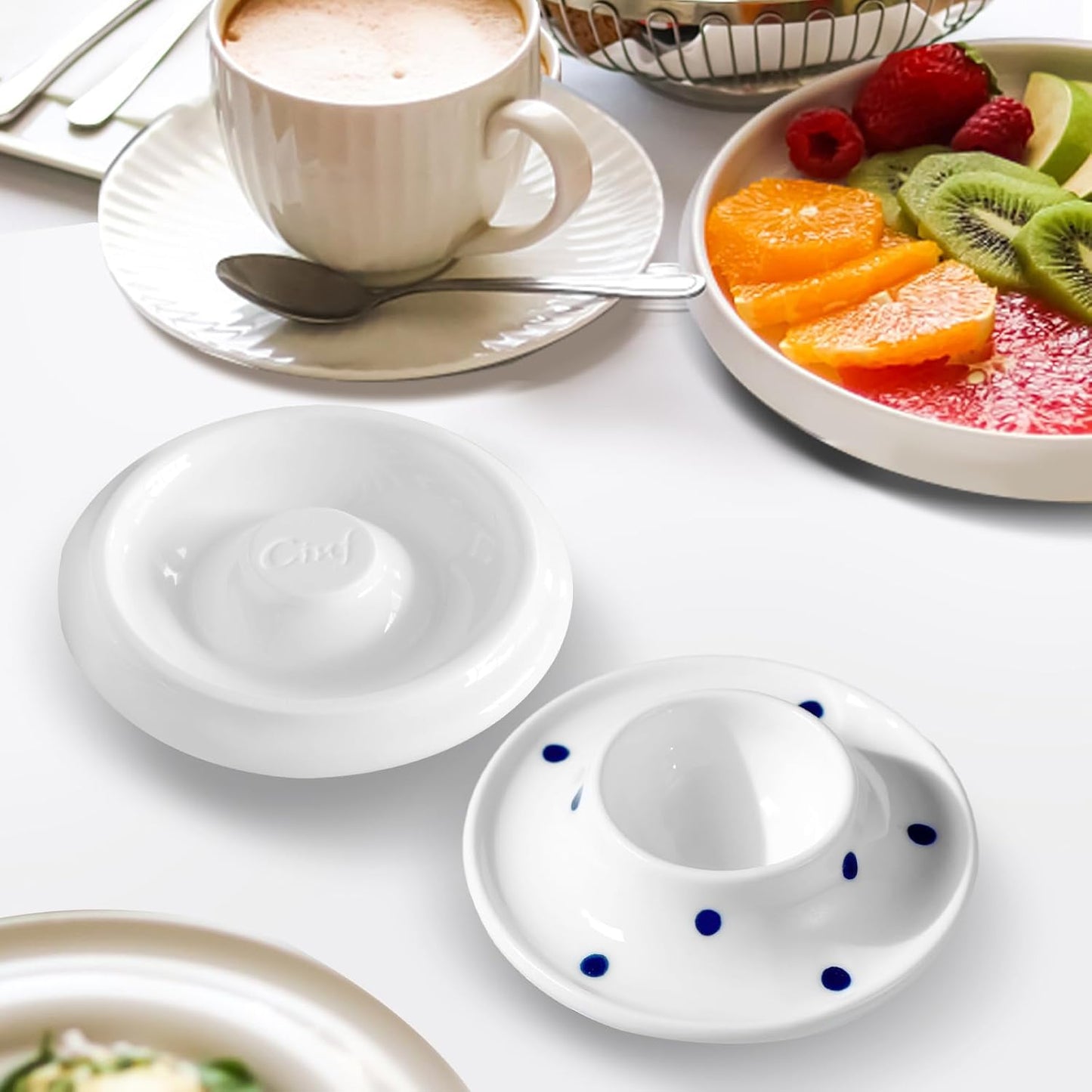 Cinf Ceramic White Egg Holder Set of 2 Porcelain Holder Breakfast Boiled Cooking Easy to Clean Childhood Memories Kitchen(Blue Dot)