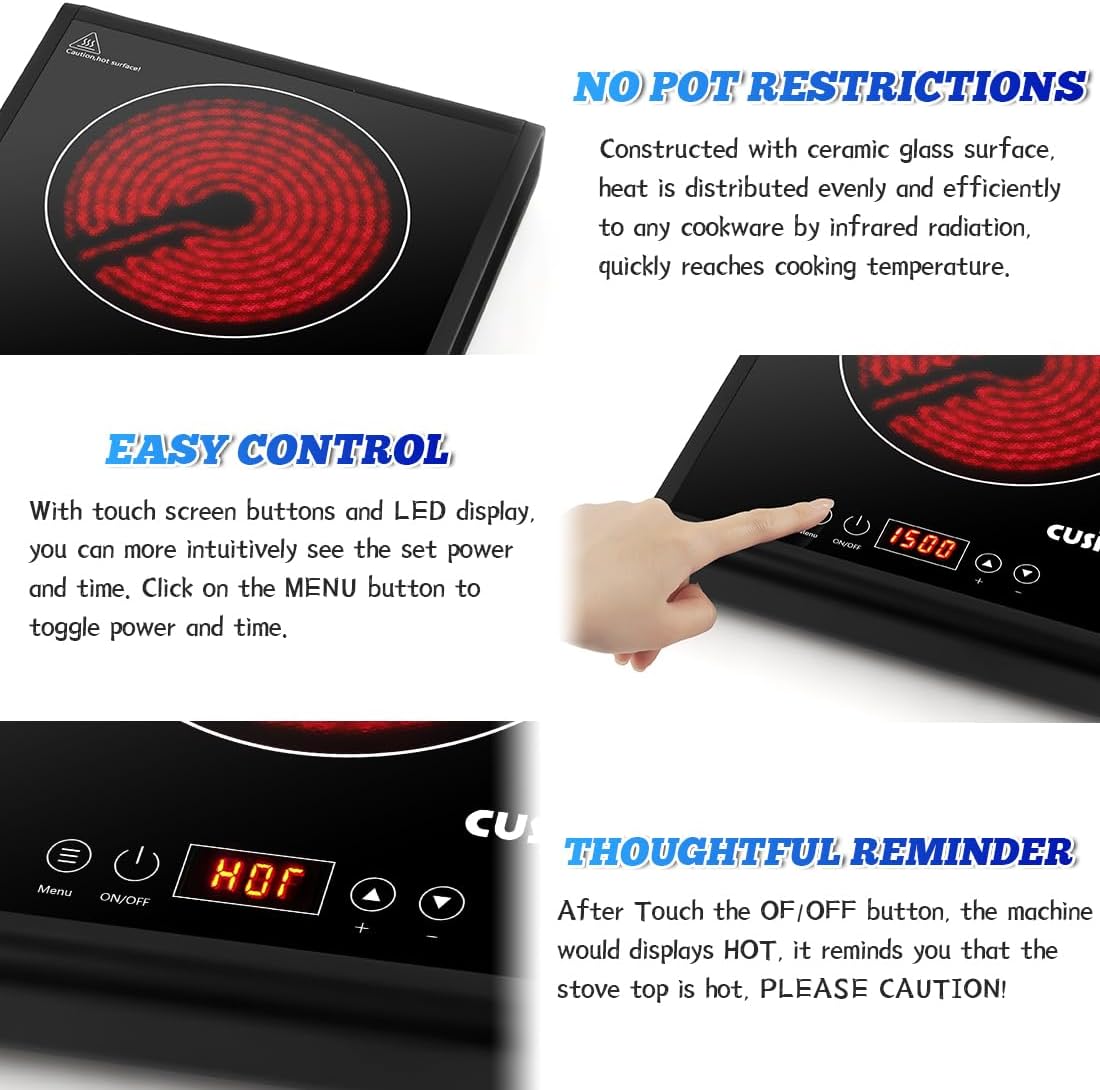 1500W Infrared Hot Plate with LED Display, Small Electric Stove with Adjustable15 Power and Time 2h, Portable Electric Burner Compatible with All Cookware