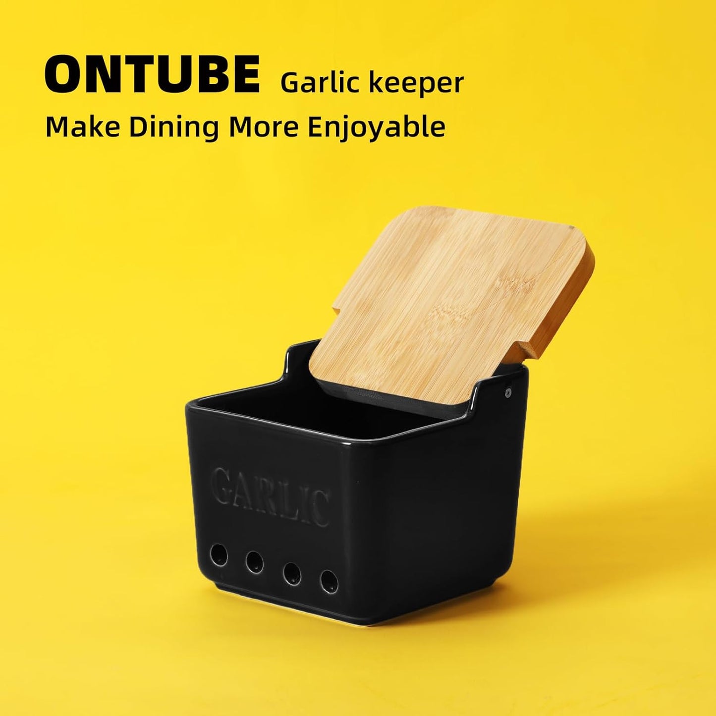 ONTUBE Garlic Keeper with Lid, Ceramic Garlic Holder Storage, Garlic Container for Kitchen, Garlic Saver to Keep Your Garlic Cloves Fresh Longer 4.7-Inch, Black