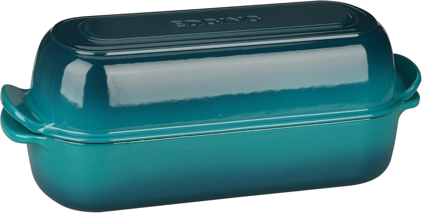 Enameled Cast Iron Loaf Pan with Lid, Dutch Oven for Homemade Bread Baking, 12.5x5.5 inch, 5Qt, Darkcyan