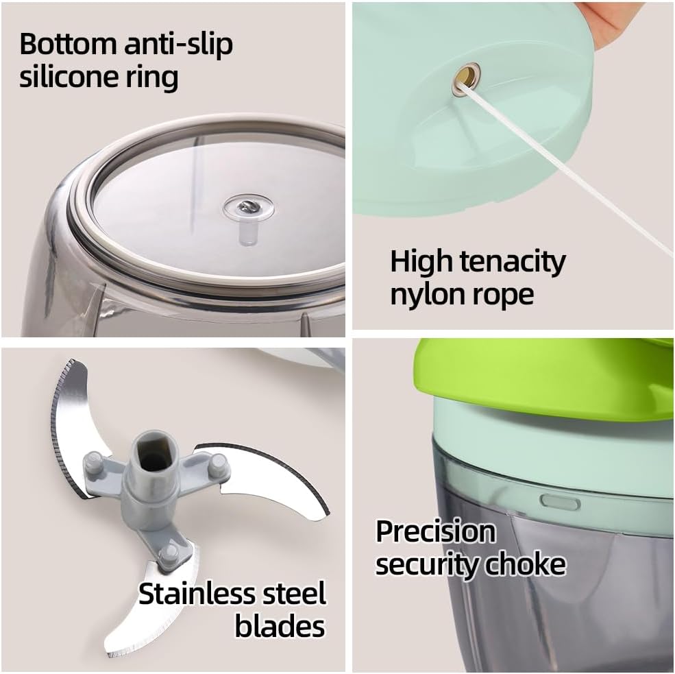 Manual Food Processor Vegetable Chopper 2.3 Cup Small Mini Hand Pull String Onion Chopper Garlic Mincer Cutter with 3 Stainless Steel Blades - Green