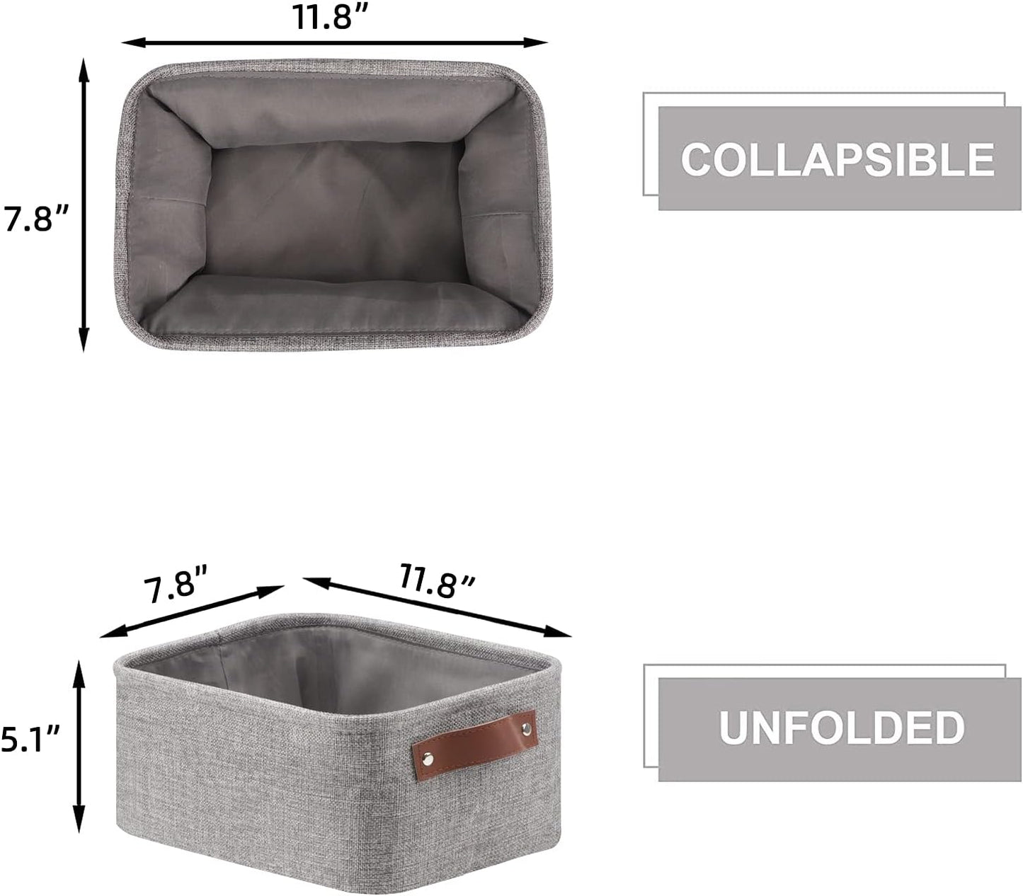 HNZIGE Foldable Fabric Storage Baskets (6pack), Empty Gift Baskets with Leather Handles, Decorative Organizers for Closet (Gray, 11.8" x 7.8" x 5.1")