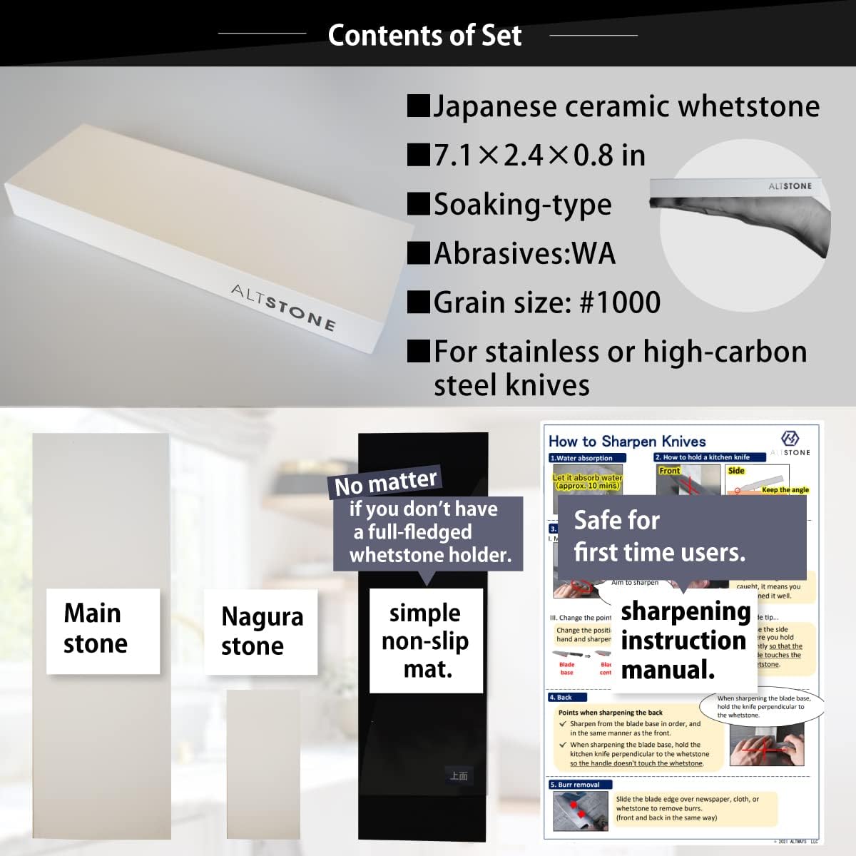 FUKAMI Whetstone Sharpening stone medium grit #1000 w/Nagura, 7.1" x 2.4" x 0.8" (Pro Power. Perfectly Compact for home use), Made in Japan (#1000)