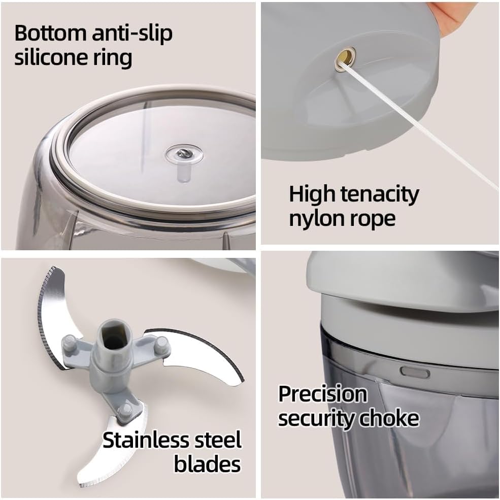 Manual Food Processor Vegetable Chopper 2.3 Cup Small Mini Hand Pull String Onion Chopper Garlic Mincer Cutter with 3 Stainless Steel Blades (Grey, 550 ml)