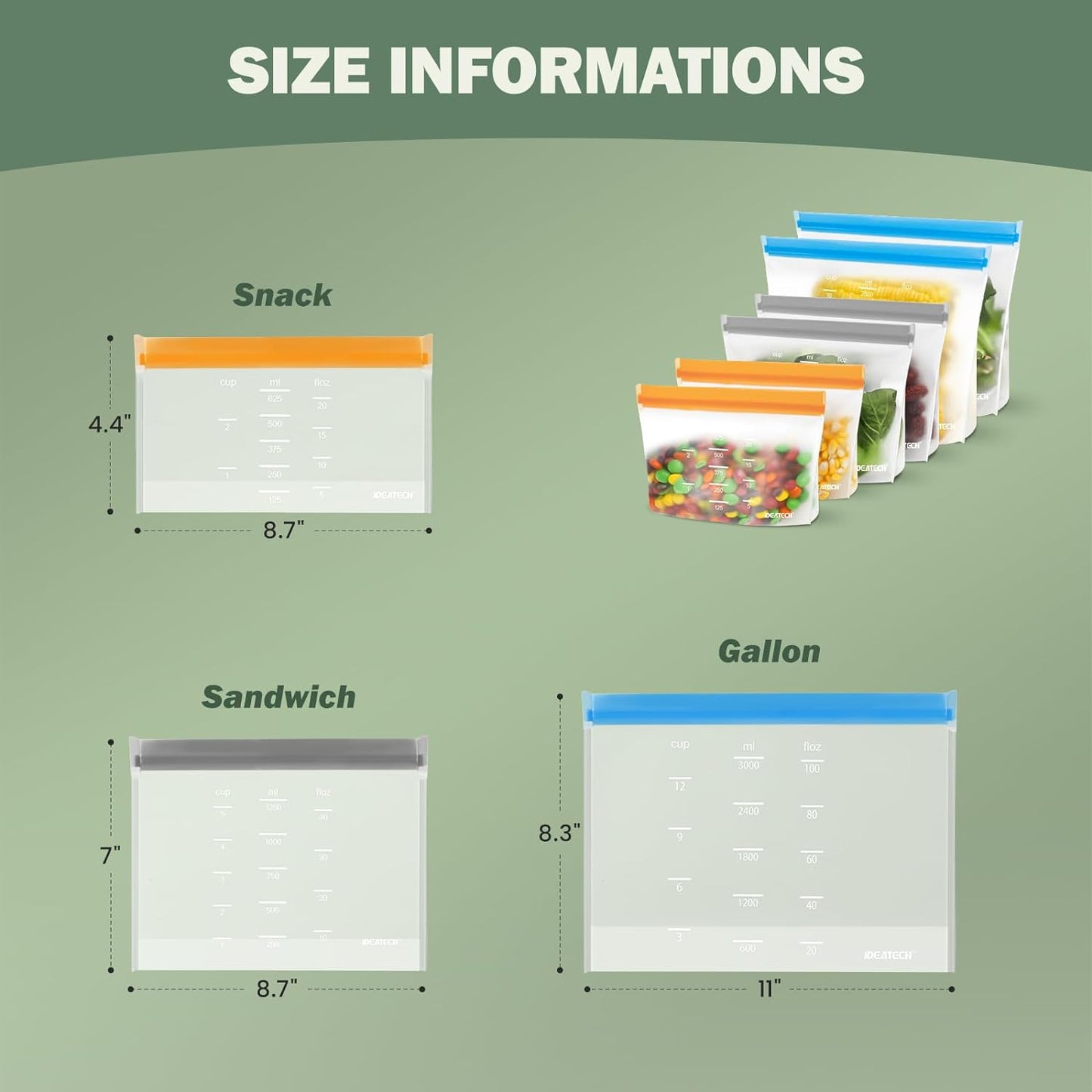 IDEATECH Reusable Bags Dishwasher Safe, BPA Free Reusable Freezer Bags Stand Up, Leakproof Silicone Bags for Food Storage Containers, Salad Fruit,Vegetables,Traval, Home Organization -Gray 6 Gallon