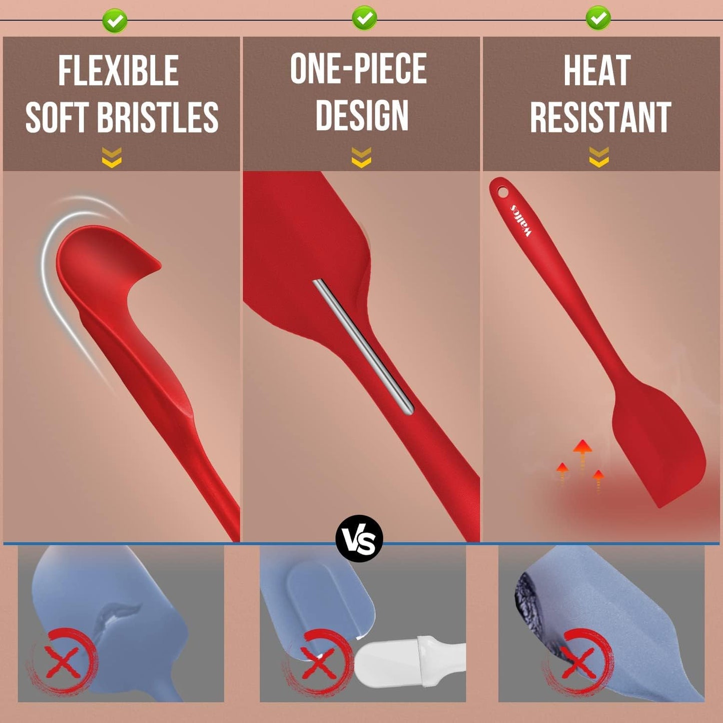 Walfos Silicone Spatula Set of 4(600°F),Heat Resistant Kitchen Silicone Scraper Spatulas, Strong Steel Core and One-Pieces Seamless Design, For Cooking Mixing & Baking,BPA Free & Dishwasher Safe