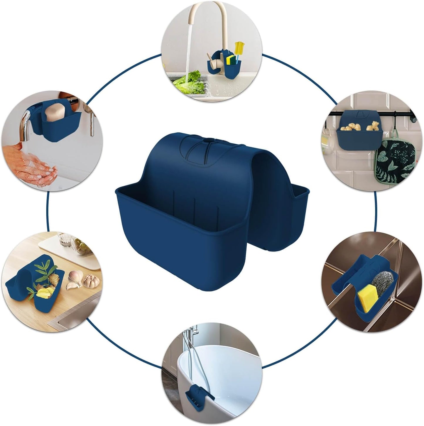 Sponge Holder for Kitchen Sink, Silicone Sink Saddle Caddy Organizer Rack, Sponges Holder Over Faucet, Hanging Kitchen Organizer Accessories Rack Basket Navy Blue