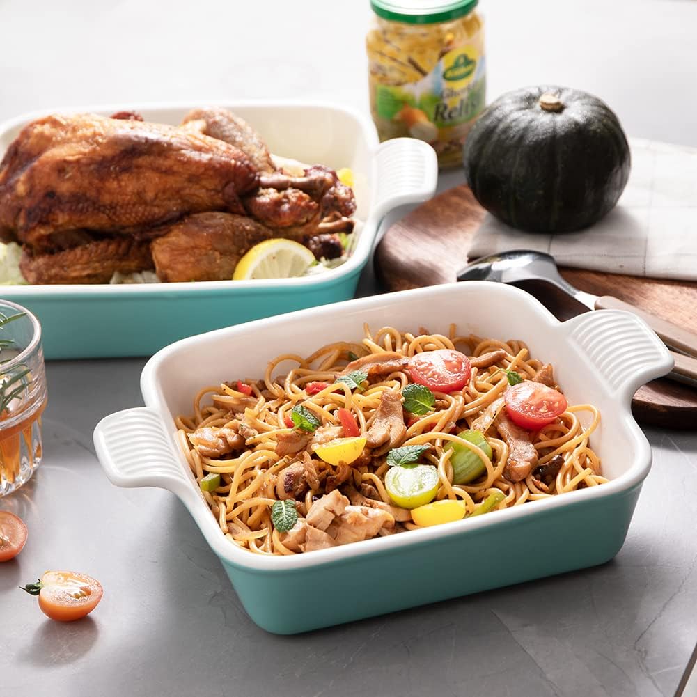 Sweejar Ceramic Baking Dish, 8 x 8 Cake Baking Pan for Brownie, Porcelain Square Bakeware with Double Handle for Casserole, Lasagna, Family Dinner (Dark Turquoise)