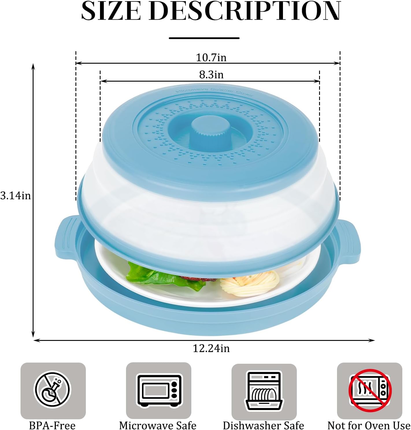 10.7 Inch Microwave Food Cover with Heat Insulation Mat, Anti-Scald Collapsible Microwave Splatter Cover, Multi-Functional as Colander & Fruit Plate, Dishwasher Safe, Ideal for Meal Prep (Blue)