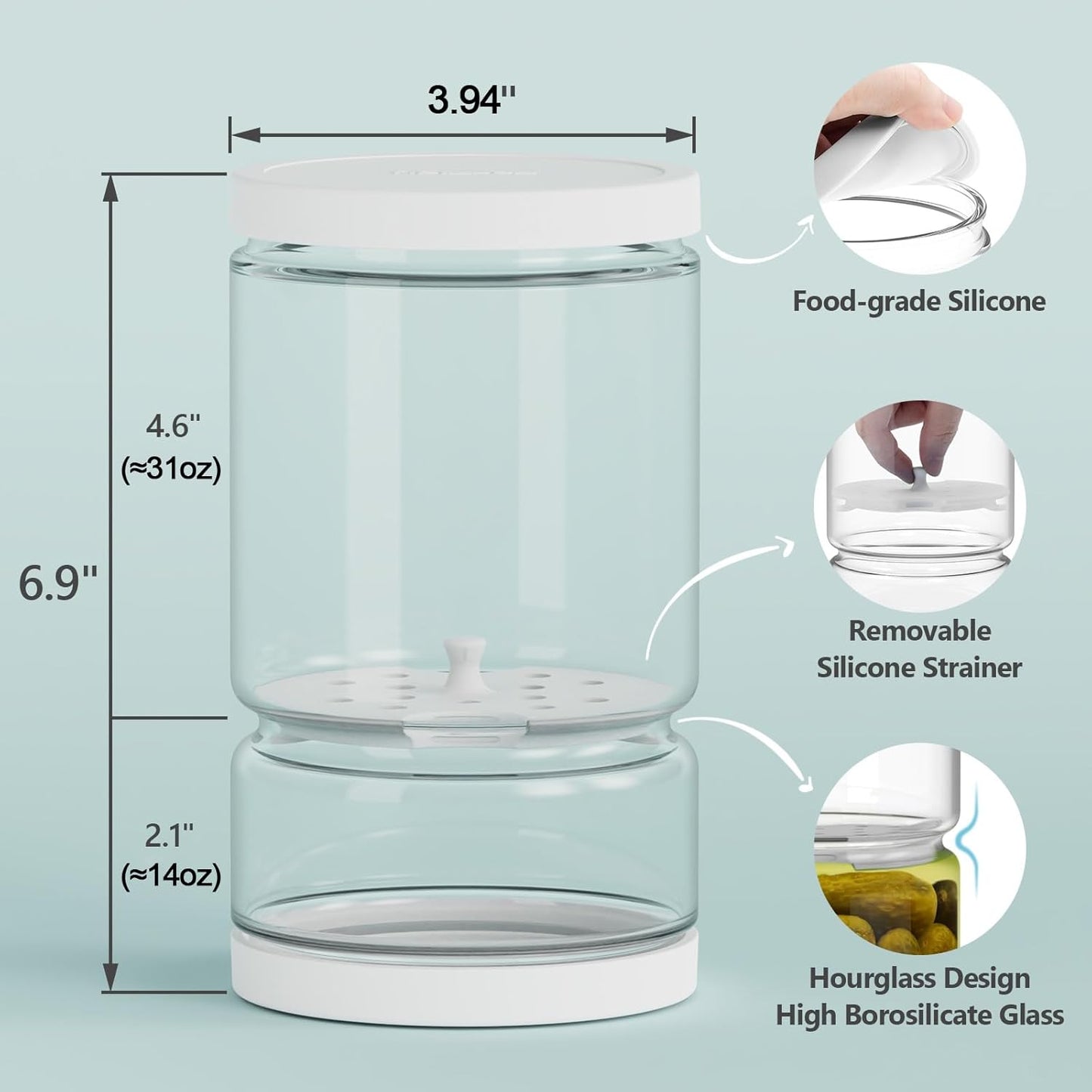 Glass Pickle Container with Strainer for Pickle Lover - 45OZ Leakproof Juice Separator Jar for Gherkin, Olive or Chilli, Dishwasher and Refrigerator Safe, BPA Free (White, 45 oz*2 pcs)