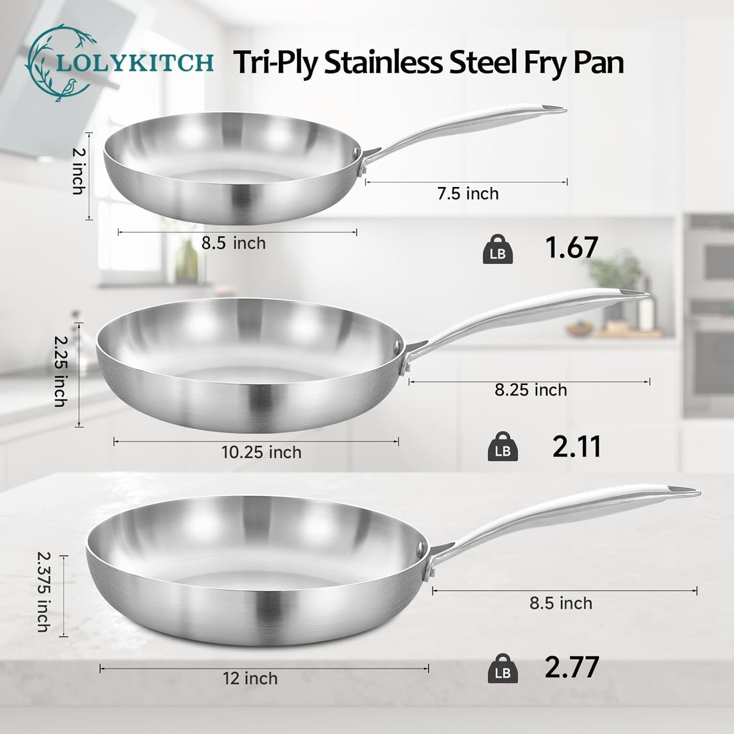 LOLYKITCH 8-10-12 Inch Tri-Ply Stainless Steel Frying Pan Set of 3,Chef's Pans,Skillets,Induction Cookware,Pots and Pans Set,Dishwasher and Oven Safe.