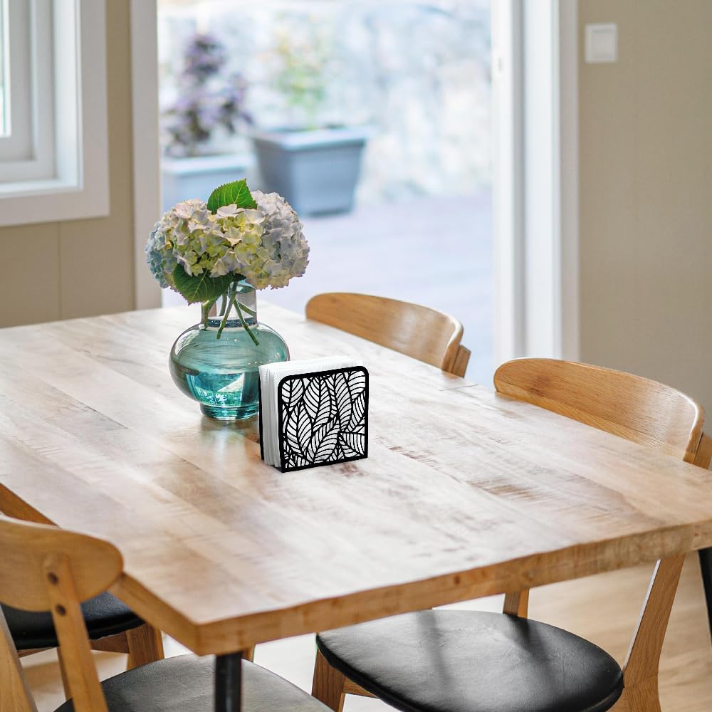 Morden Leaf Decorative Black Metal Napkin Holder for Table, 4.9" x 4.9" x 1.9" Standing Napkin Holder for Home Kitchen Restaurant Picnic Party Coffee Bar Dining Room