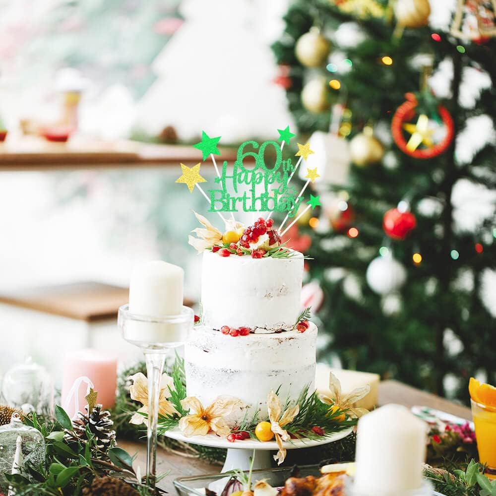 Glittery 60th Happy Birthday Cake Topper with Star,Personalised 60 Birthday Cake Toppers Party Decorations Party Supplies for Boys Girls Green Gold