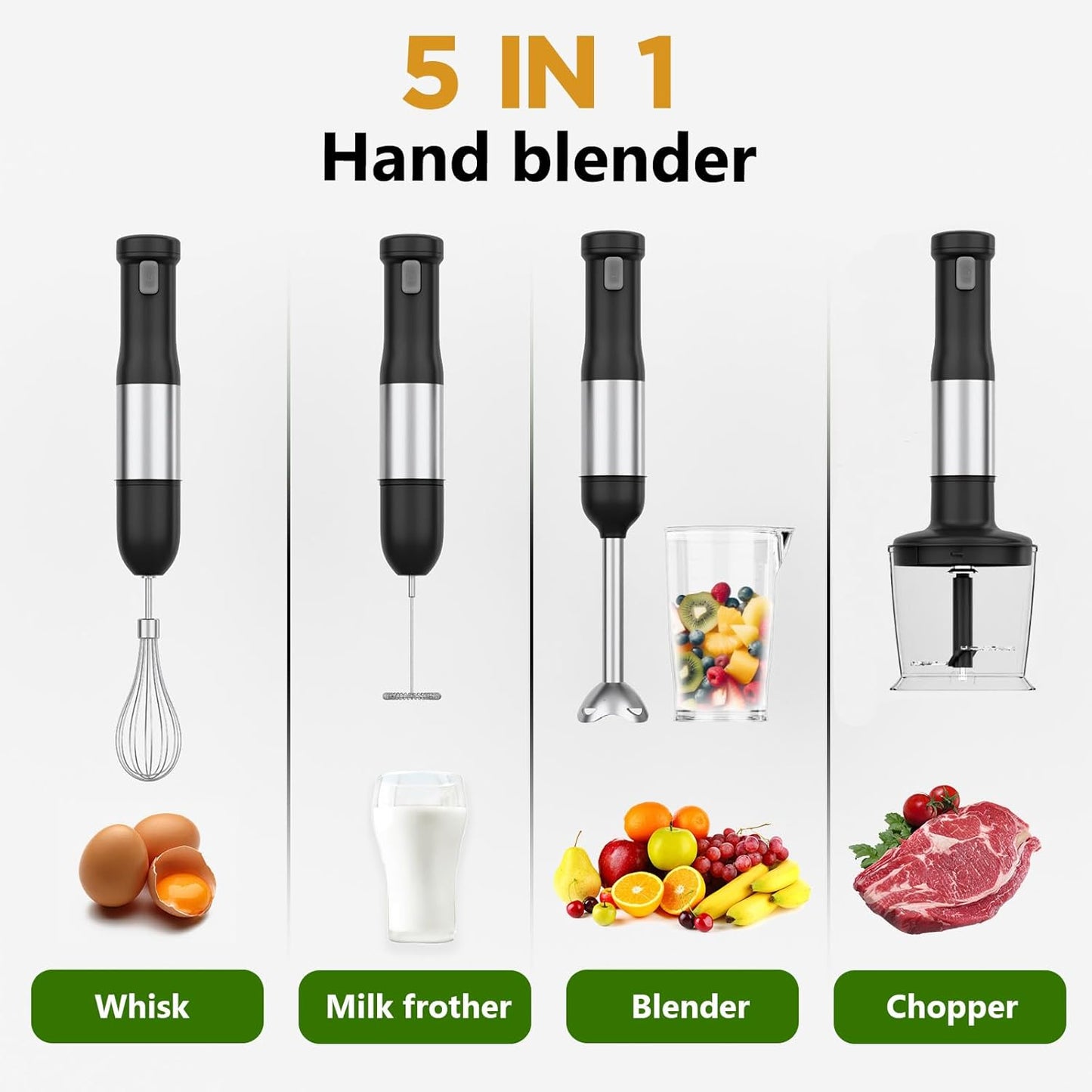 Cordless Immersion Hand Blender, 5-in-1 Variable Speed blender handheld,Rechargeable with 2000mAh Battery, BPA-Free & Dishwasher-Safe Accessories:700ml Beaker,Chopper,Whisk & Milk Frother,Black