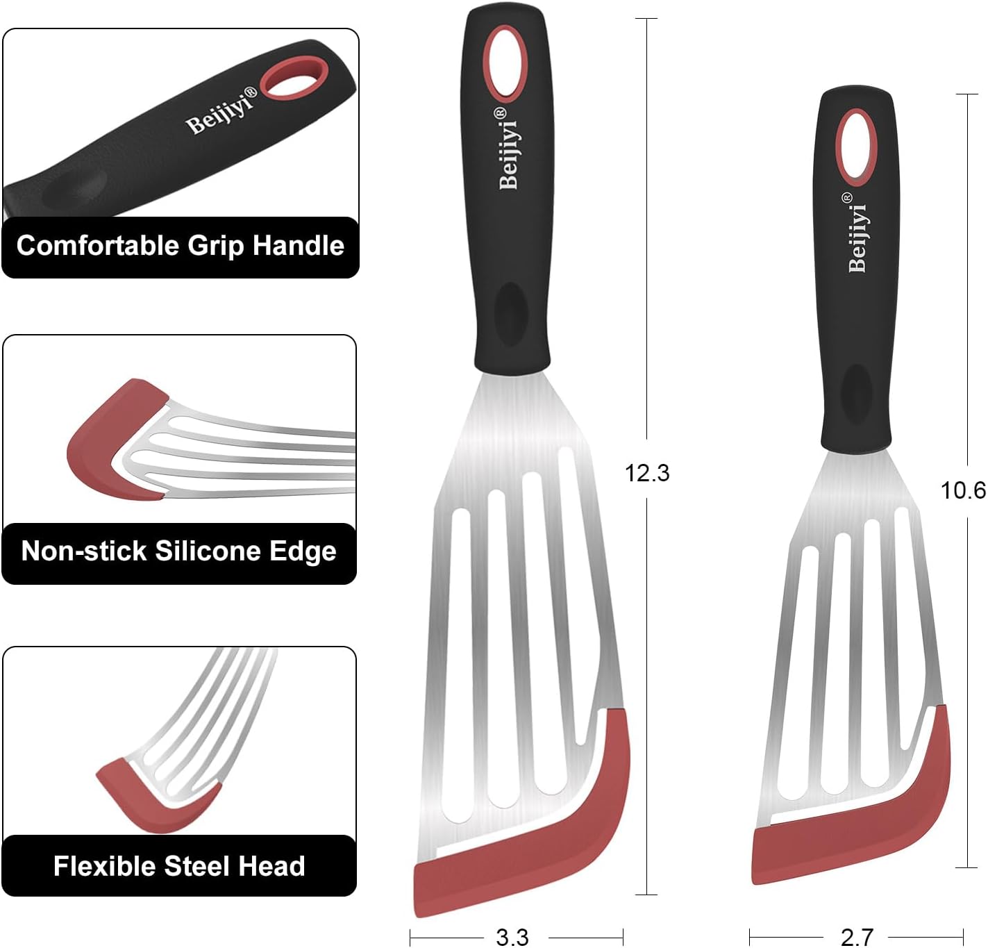 Beijiyi Fish Spatula Turner Set of 2, Heat Resistant Silicone Edge Slotted Fish Spatulas for Nonstick Cookware, Flexible and Thin Stainless Steel Kitchen Cooking Spatula Flipper for Fish, Egg, Pancake