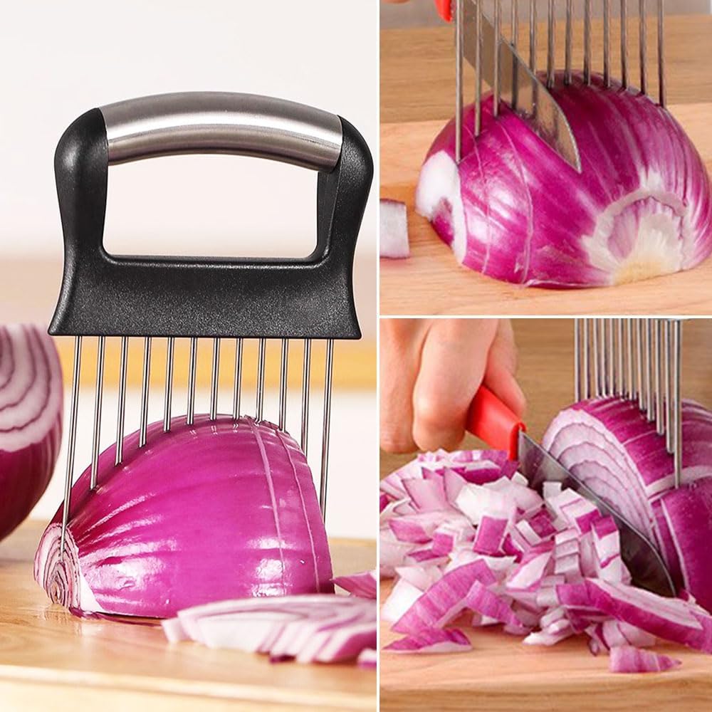 2025 New Onion Holder for Slicing, Stainless Steel Onion Slice Holder Vegetable Slicer Cutter for Potato and Tomato, Kitchen Chopper Slicing Assistant Tool Lemon Slicer Onion Cutter for Slicing (2PCS)