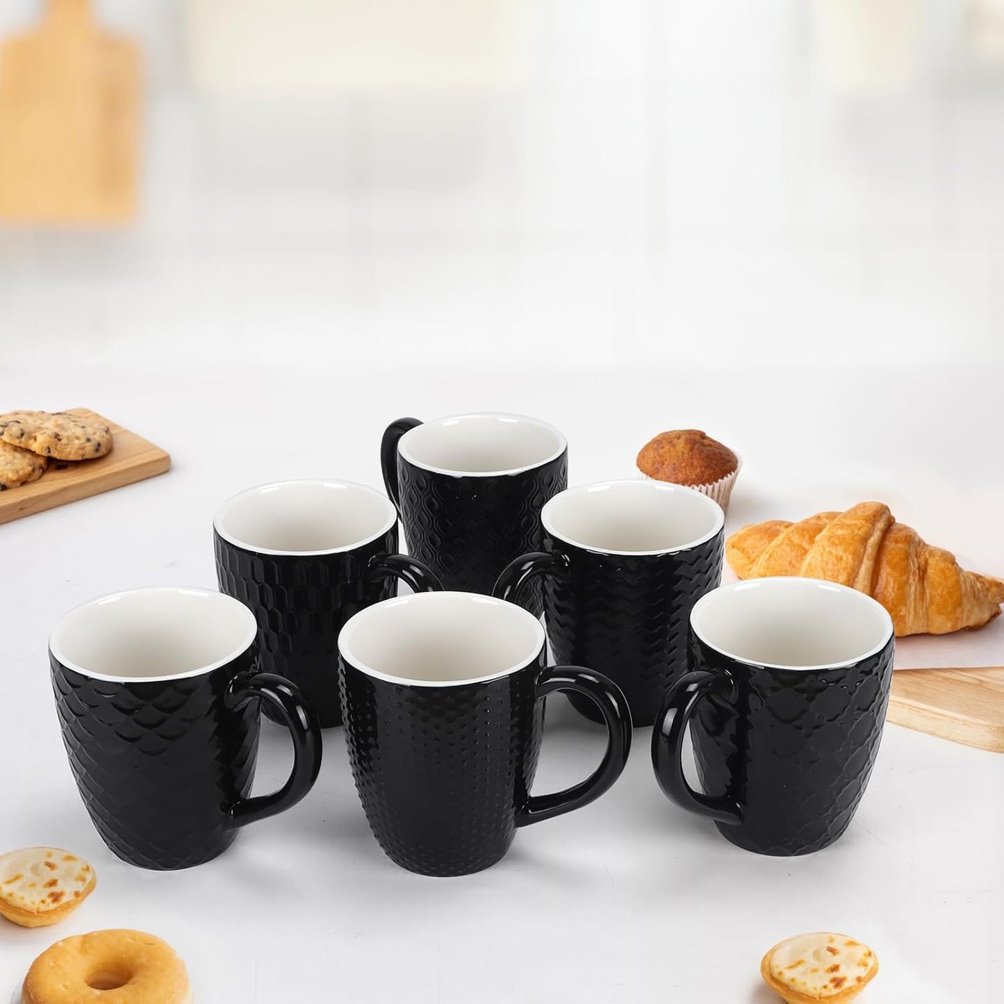 Schliersee 12 OZ Black Ceramic Coffee Mugs Set 6, Stylish Embossed 6 Patterns Coffee Cups Set for Coffee, Tea, Milk, Cocoa, Cereal, Water, Microwave Safe