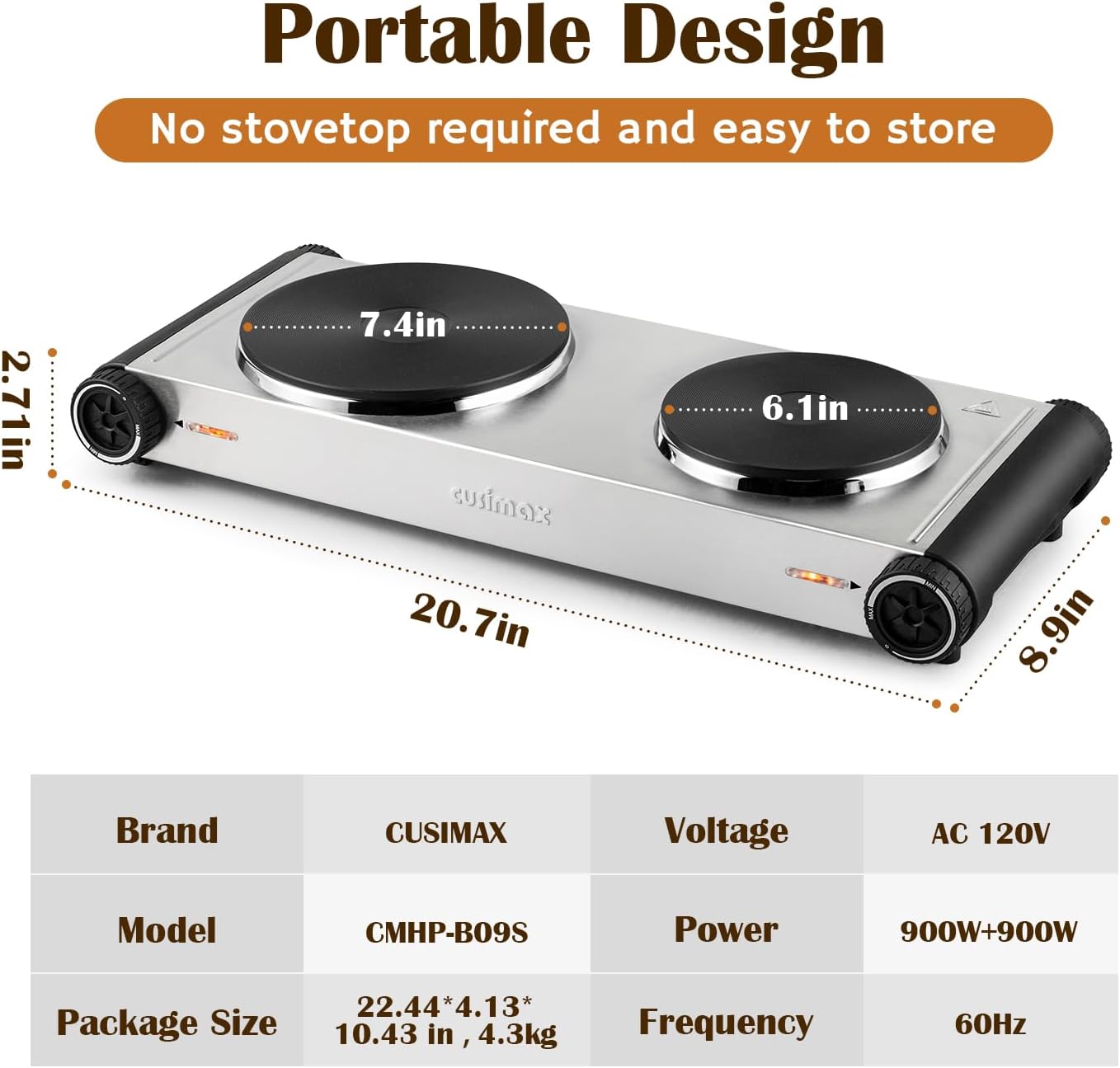 Cusimax Hot Plate,1800W Portable Electric Countertop Double Burner,Cast Iron Stove, Concealed Handle,Temperature Controls, Compatible for All Cookwares,Easy Clean, Upgraded Version(Sliver)