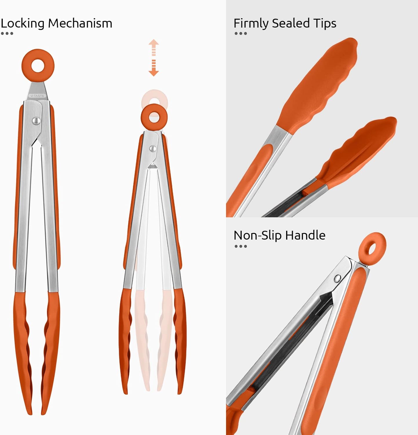 600ºF Heat Resistant Kitchen Tongs: U-Taste 9 inch Silicone Cooking Tong with Firm Sealed Non Stick Rubber Tips & Silicon Coated 18/8 Stainless Steel Handle & Smooth Locking for Serving Grill (Orange)