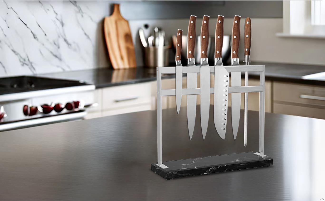 Magnetic Knife Stand Block with Marble Base, Double-sided Stainless Steel Magnets for Countertop, Magnetic Knife Holder for Kitchen Storage, 12 IN, Black