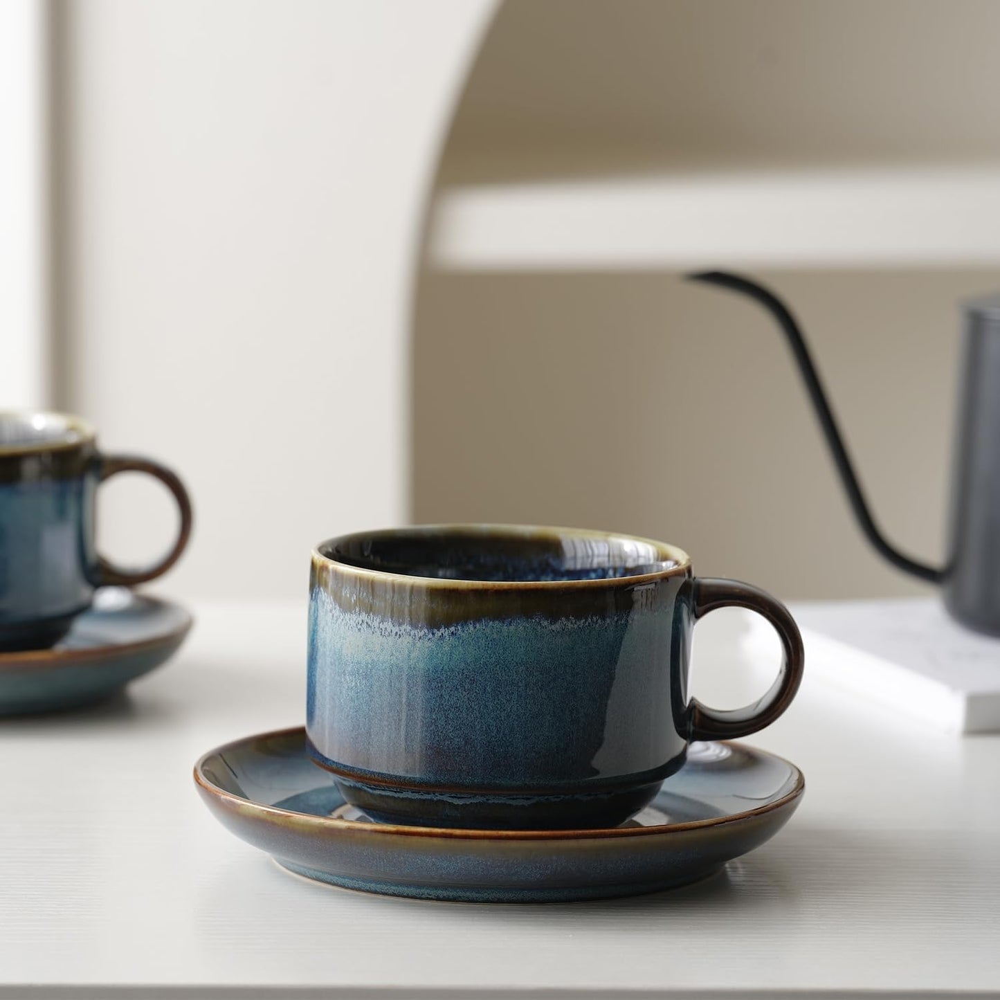 Ceramics 10oz Cappuccino Cups with Sacuer, Set of 2, Coffee Cup for Au Lait, Latte, Tea, Mocha-Set of 2, Dishwasher and Microwave, Reactive Blue