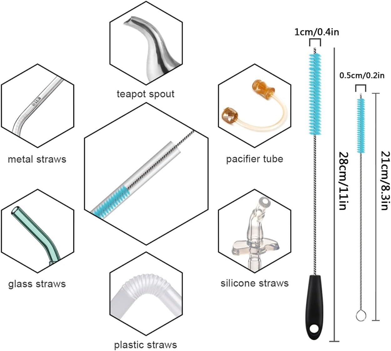 3 in 1 Stainless Steel Long Handled Water Bottle Brush Set, Kitchen Scrubber Cleaning Brush for Mugs, Coffee Cups, Glassware, Wine Glasses, Wake-Ups, with Straw Cleaner, Blue