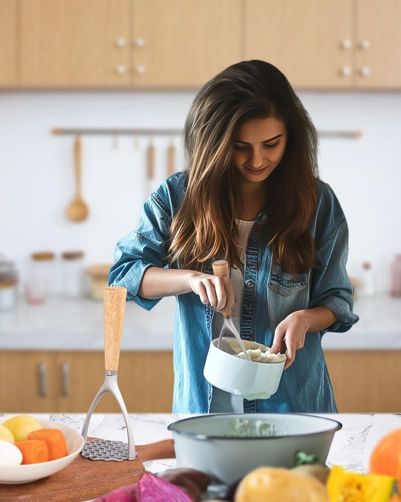 Brigii Potato Masher with Wooden Handle, Manual Potato Press for Kitchen Tool, Aluminum Alloy Potato Ricer For Fluffy Mashed Potato