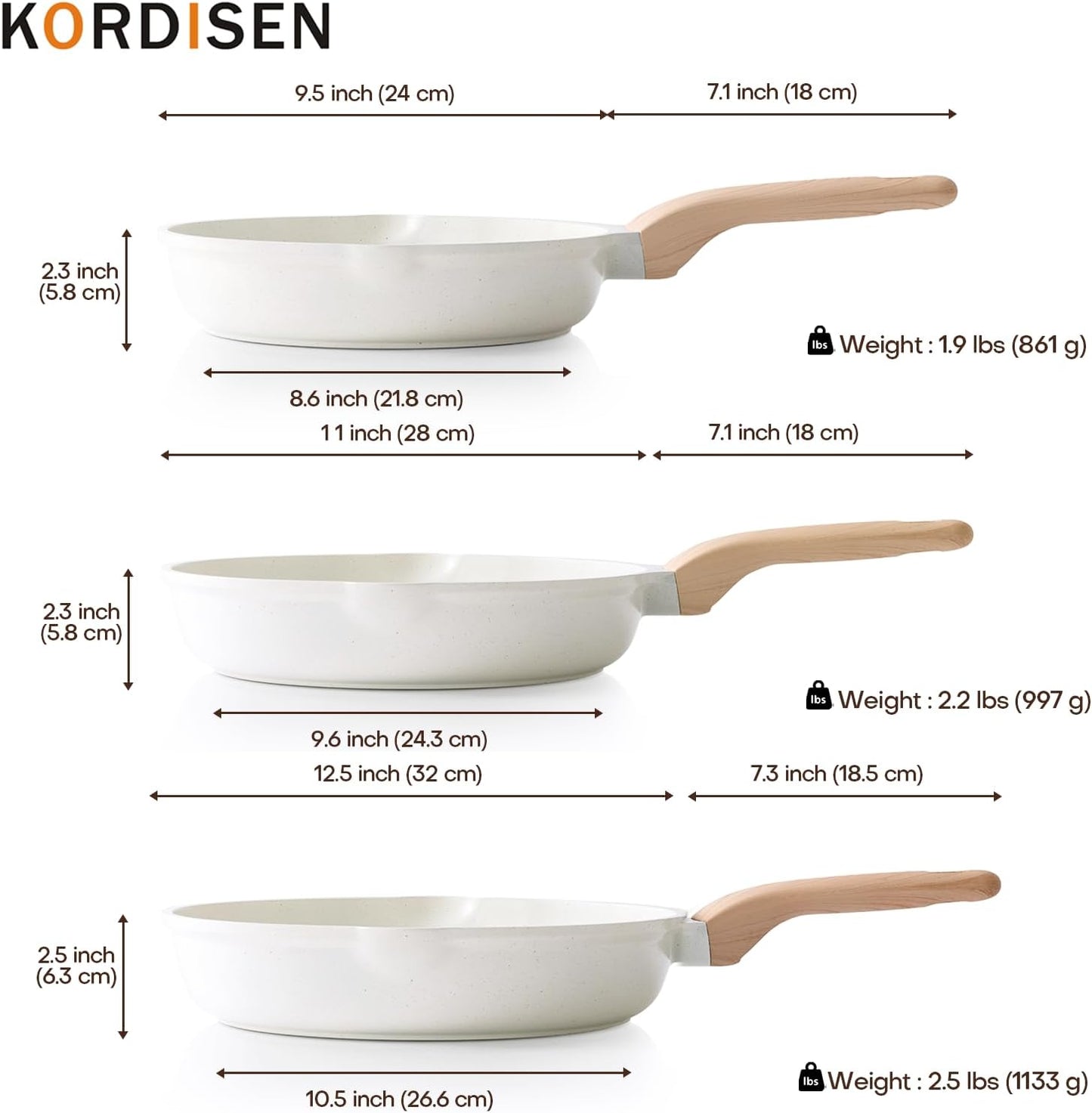 Nonstick Ceramic Frying Pan Set, 3 Piece Ceramic Skillet Set, Healthy Non Toxic Cooking Pan, Stay-Cool Handle, Induction Compatible, PFOA & PFAS Free, White(9.5, 11, 12.5 Inch)