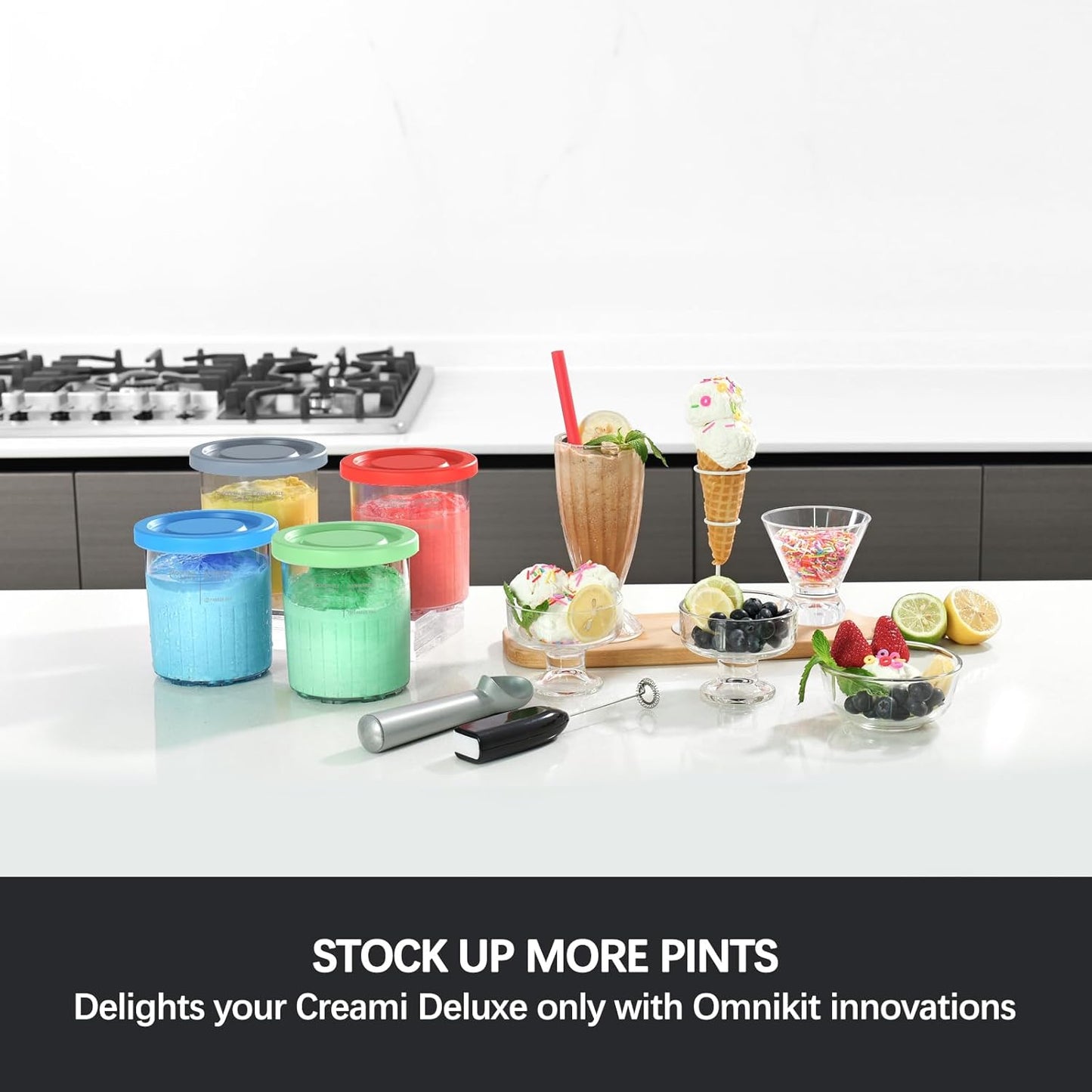 Pint Containers Replacement for Ninja Creami Deluxe Pints and Lids - 4 pack, 24OZ XL Cups Compatible with Ninja Creami 11-in-1 Ice Cream Maker NC500 NC501 Series (Deluxe-Grey/Red/Blue/Mint)