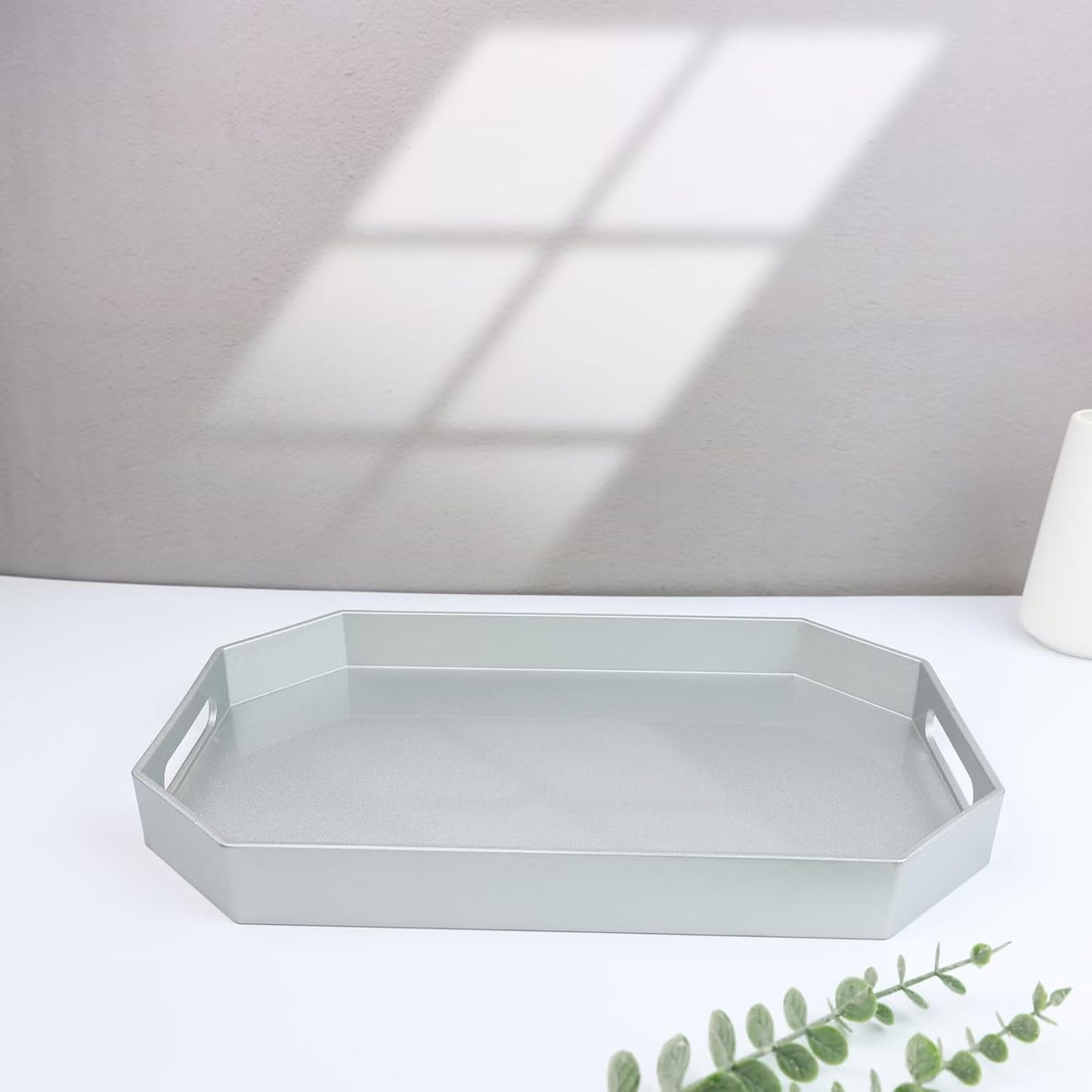 Spsyrine Silver Plastic Serving Tray for Ottoman, Coffee Table, Octagon Decorative Tray for Entertaining, Outdoor, Living Room, Home Decor