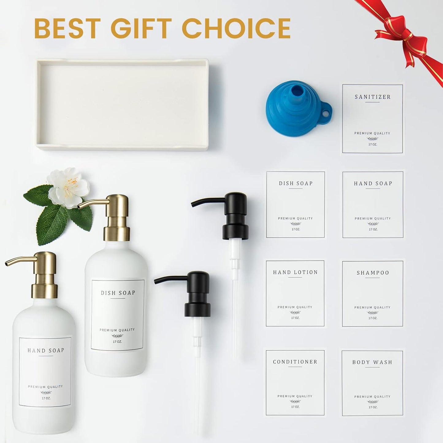 Glass Soap Dispenser for Kitchen, Farmhouse Kitchen Dish Soap Dispenser&Hand Soap Dispenser Set, Rustproof Pump Soap Lotion Dispenser Bathroom with Tray, Waterproof Label for Decor(White