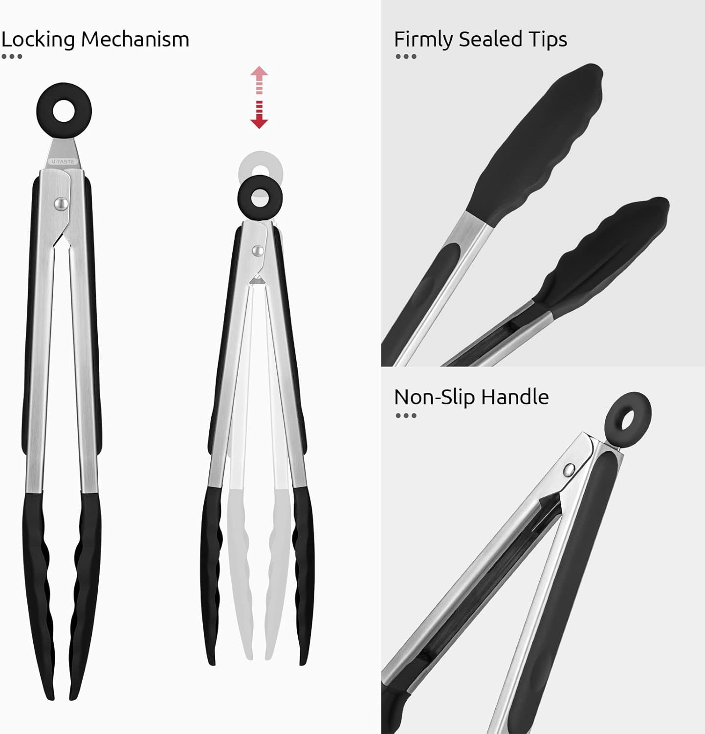 Heat Resistant Silicone Kitchen Tong: U-Taste 9 inch 480ºF Hot Proof Cooking Tong with Firm Sealed Non Stick Rubber Tips & Silicon Coated Steel Handle & Smooth Locking for Serving Grill Salad (Black)